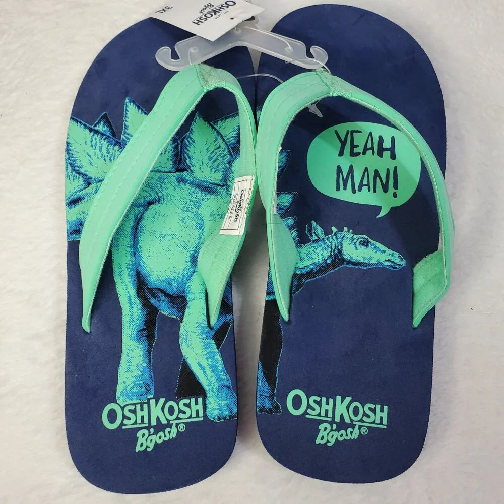 NWT OshKosh B'gosh Dinosaur Green Blue Flip Flops Kids Youth Size 2/3